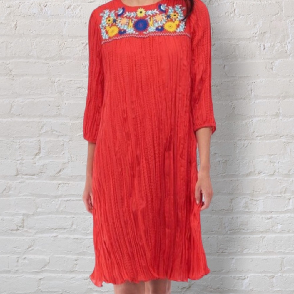 Label by Five Twelve Red Blue Yellow Floral Embroidered 3/4 Sleeve Boho Dress